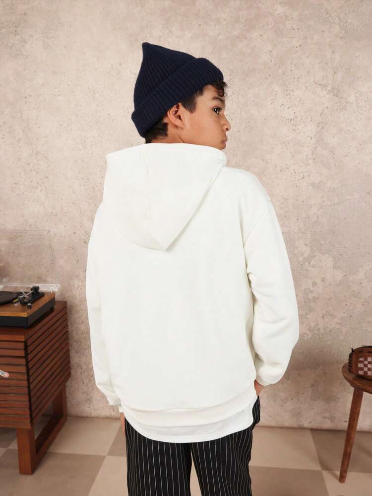 White Basic Pullover Hoodie With Small Logo Print