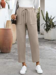 EMERY ROSE Women's Casual Elastic Waist Straight Leg Pants, Autumn Women Casual Pants Women Summer Pants Paper Bag Pants Lace Up Pants - Volcanic Gray - View 3