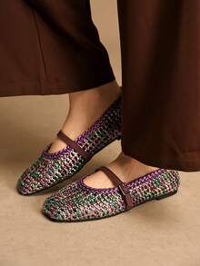 Rosivie Zapatos planos tejidos de colores llamativos y con diseño hueco, de moda para el día a día - Morado - Ver 5