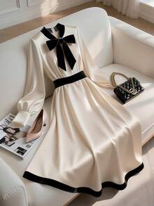 Franclia 女士休闲圆领蝴蝶结腰部拼接长袖中长连衣裙 - 杏色 - 查看 3