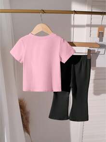 SHEIN 2件套少女休闲简约英文字母动漫图案粉色短袖圆领T恤和黑色喇叭裤，可爱卡通趣味时尚女童套装，适合所有季节 - 彩色 - 查看 4