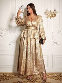 Roveilla Plus Size Women's Gold Elegant Wedding Dress,Autumn Metallic Pleated Blouse & A-Line Loose Maxi Skirt 2 Pieces Set,Luxury Party Evening Gown,Bronze - Gold - View 4