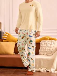 Notgurli Men Cartoon Print Long Sleeve Pants Pajama Set - White - View 1