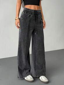 SHEIN PETITE 女士高腰宽松喇叭运动裤，做旧黑灰色，秋冬款 - 灰色 - 查看 4