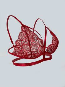 Floral Lace Harness Lingerie Set - Burgundy - View 3