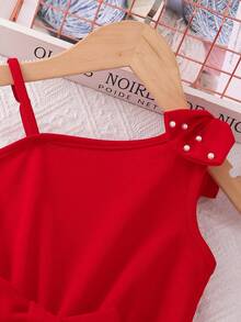 Young Girl Sleeveless Jumpsuit With Bow Decor On Shoulders Red Girls Outfit Set Red Girl Clothes Red Jumpsuit For Girls Red Kids Outfit Runway Jump Suits For Teenage Girls - Red - View 6