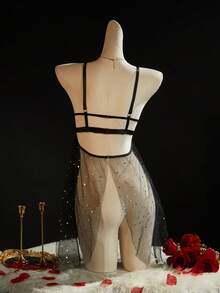 SpicyHot 1pc Lace Star Contrast Mesh Satin Bow Sexy Nightgown For Women - Black - View 2