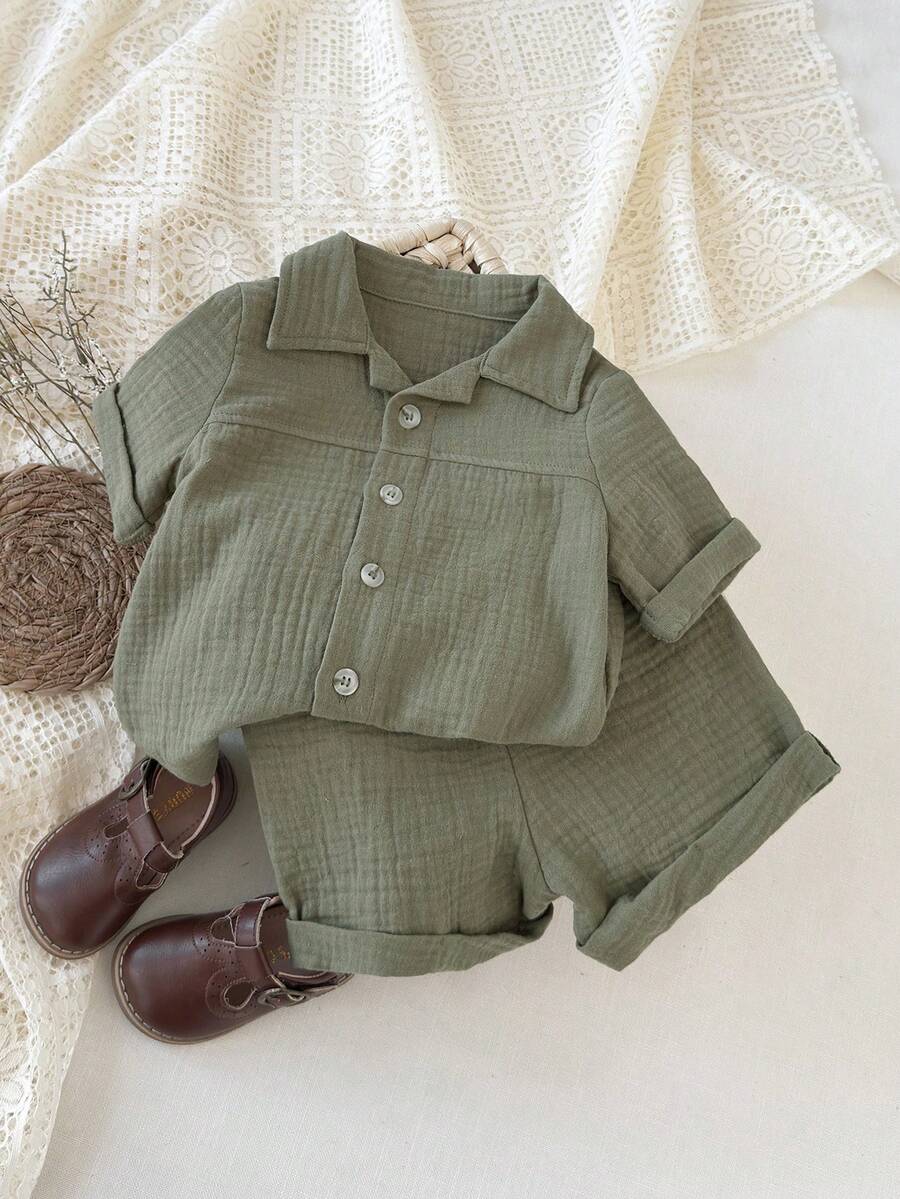 SHEIN 2pcs Baby Boy Casual Soft Lightweight Pure Cotton Polo Collar Green Short Sleeve Shirt And Shorts Set - Army Green - View 1