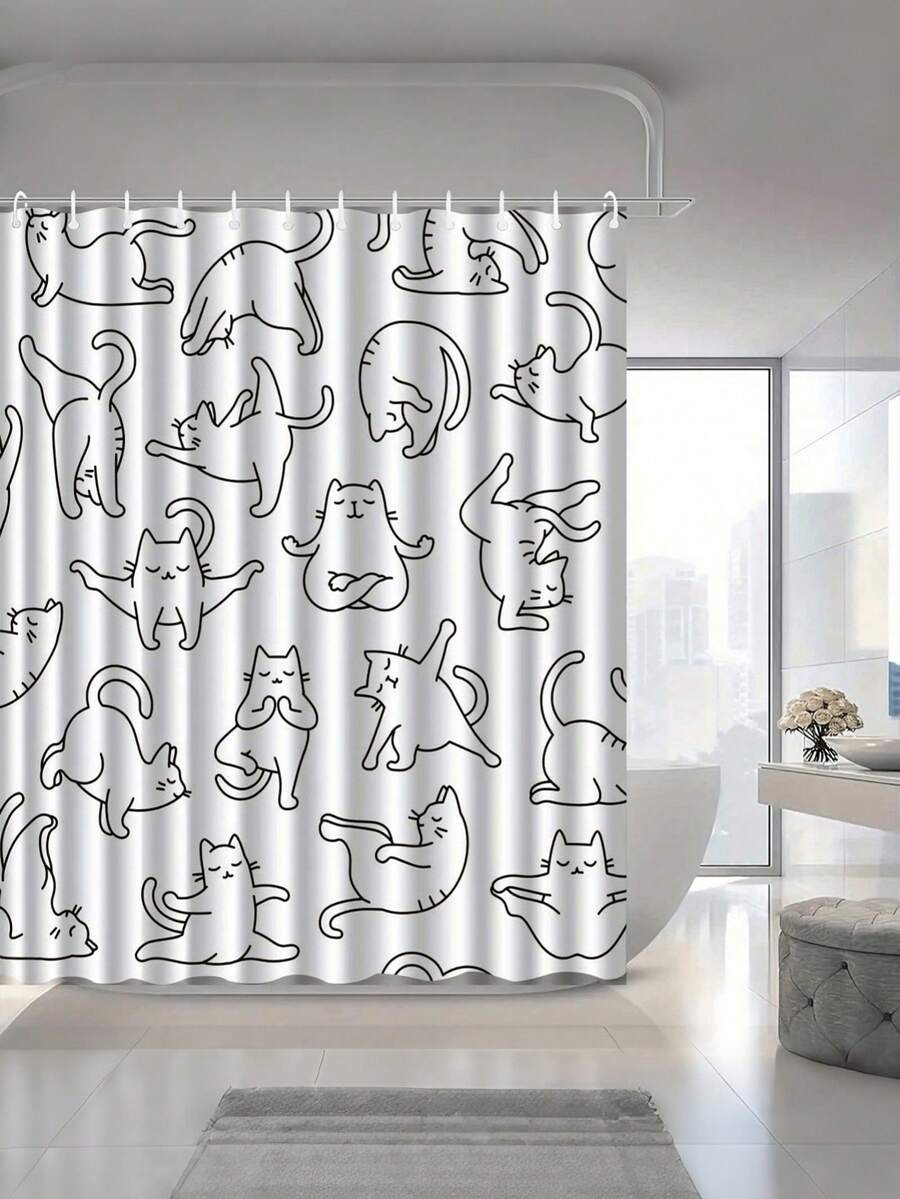 1件装简约可爱治愈系猫咪图案浴帘，高端优雅浴室窗帘，多用途窗帘，浴室装饰图案浴室配件 - 線條貓 - 查看 1
