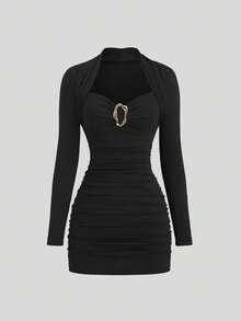 Sweetra Váy dự tiệc cocktail thanh lịch mới, màu đỏ tía với họa tiết kim loại, dáng ôm, phù hợp cho dịp Giáng sinh và các dịp trang trọng - màu đen - Xem 3