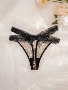 SHEIN Lace Patchwork Leopard Print Mesh Big Bow Thong Panties Bowknot ClassicAnimalPrint - Multicolor - View 2