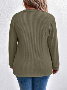 SHEIN CURVE+ 大码女式纹理插肩袖拼接印花圆领卫衣 - 軍綠色 - 查看 2