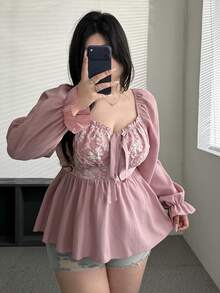 Flirla 大码甜心领落肩泡泡袖提花优雅系带腰A字粉色女式衬衫 - 粉色 - 查看 3