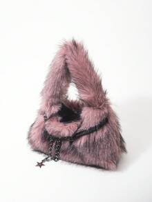 ROMWE Grunge Punk 2000年代风格女士单肩包，朋克铆钉机车包，毛绒钱包，秋冬钱包，流浪包（随机图案） - 粉色 - 查看 8