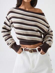 LYSMO 2025 New Minimalist Winter For Women's Casual Striped Asymmetric Shoulder Cropped Long Sleeve Sweater , Christmas Jumper New Year Thanksgiving For Women Graduation Season Stylish Collection Y2K, Sweaters For Women - Multicolor - View 6