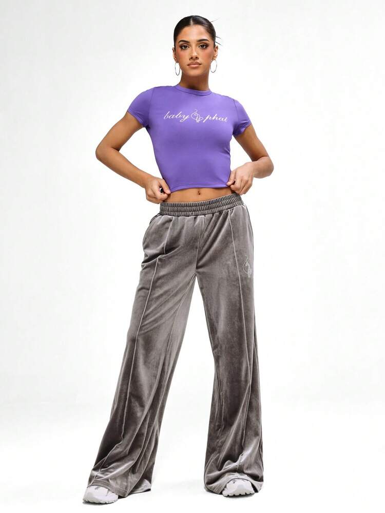 BABYPHAT Foil Print Short Sleeve Crew Neck Crop Top With Signature Cat Logo Chest Print Casual Fitted Tee