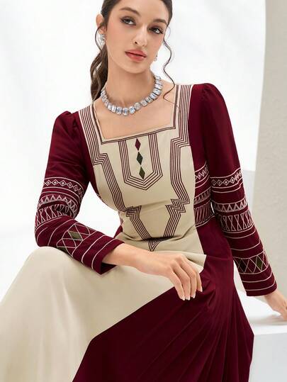 Al Najma 新款撞色拼接优雅刺绣收腰长裙，适合宴会和派对穿着