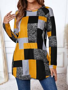 EMERY ROSE Women's Geometric Plaid Pattern T-Shirt,Graphic Tees Patch Work Top - Yellow - View 1