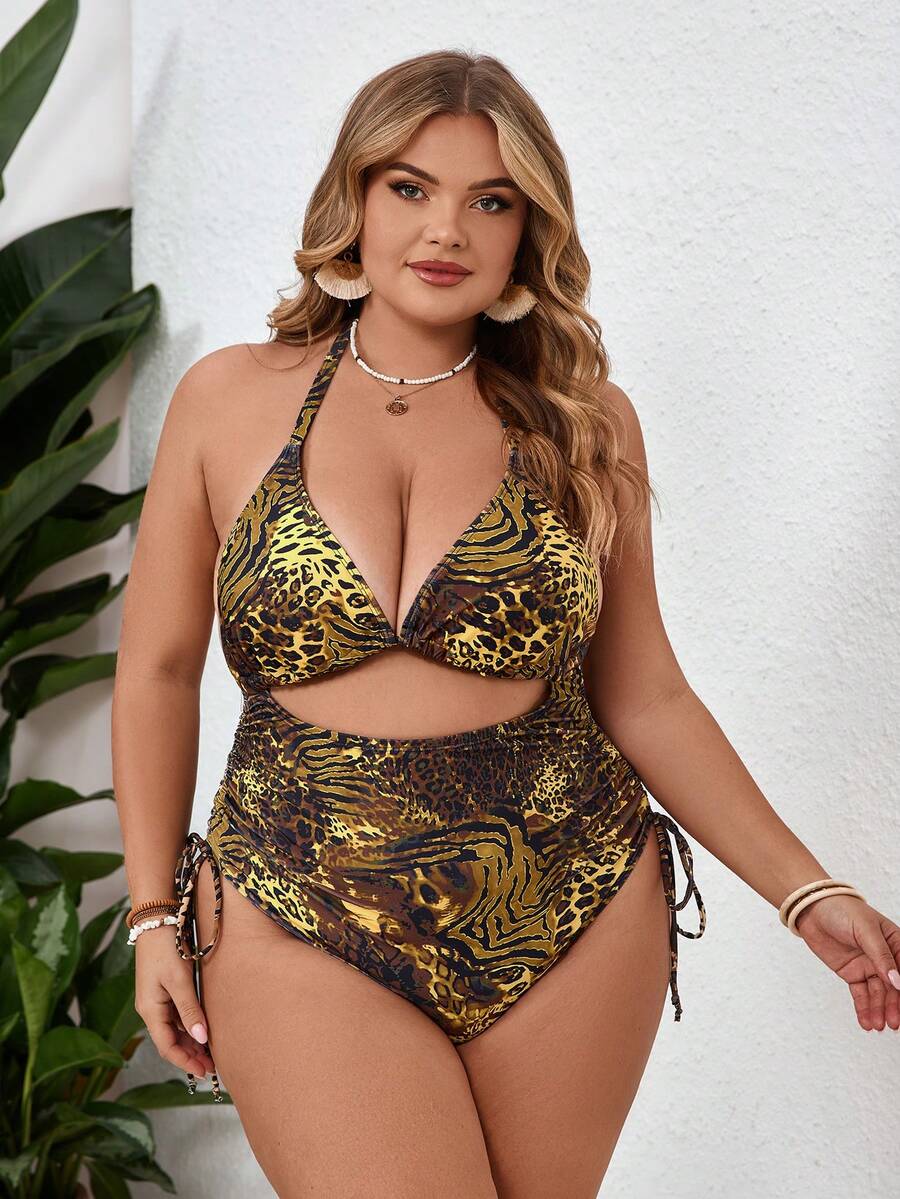 SHEIN CURVE+ Đồ bơi liền thân khoét lỗ phía trước họa tiết da báo cỡ lớn cho nữ, kỳ nghỉ ở bãi biển - Nhiều màu - Xem 1