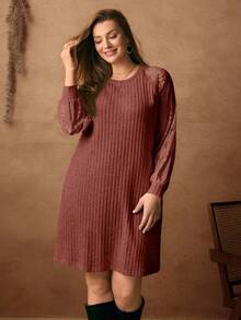 Rosumi 大码女式圆领长袖罗纹休闲宽松连衣裙 - 棕色 - 查看 6