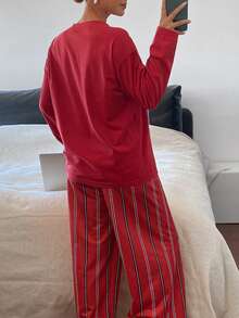 DAZY Cartoon Print Top And Striped Pajama Pants Women Sleepwear Set - Red - View 2