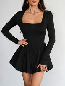 SHEIN Tall Váy hoa xuyên thấu cổ vuông hở lưng cho nữ nhỏ nhắn, phù hợp cho kỳ nghỉ lễ hội âm nhạc mùa hè - màu đen - Xem 3