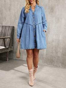 EMERY ROSE Women's V-Neck Raglan Sleeve Single-Breasted Casual Denim Dress - Blue - View 9