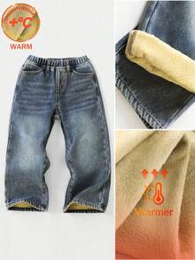 SHEIN Young Boys Loose Fit Blue Denim Thermal Lined Pants, Autumn/Winter - Dark Wash - View 10
