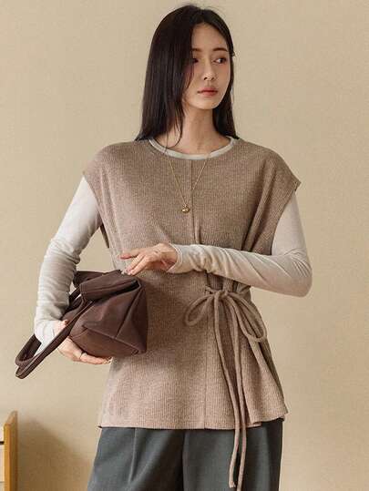 Dazy-Less Brown Sleeveless Pullover Vest, Casual & Fashionable T-Shirt For Women, Autumn/Winter
