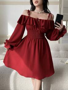Feyla Elegant Ruffle Trim Waist Open Shoulder Strap Women Dress - Red - View 4