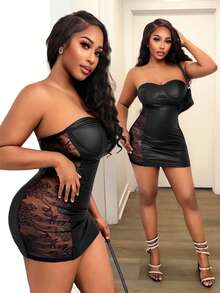 BamGleam Ladies' Strapless Backless Lace-Spliced See-Through Black Mini Dress, Coated Bodycon Elegant Party Outfits For Summer, Techno, Club Night, Rave - Black - View 1