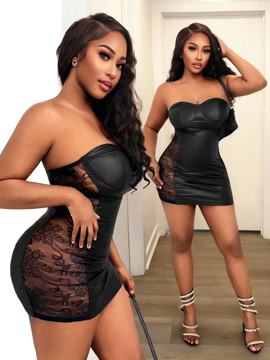 BamGleam Ladies' Strapless Backless Lace-Spliced See-Through Black Mini Dress, Coated Bodycon Elegant Party Outfits For Summer, Techno, Club Night, Rave - Black - View 1