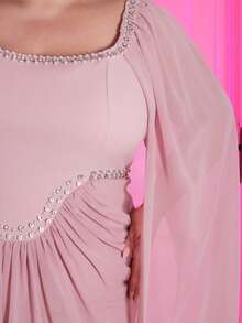 Pretty and Ole Plus Size Women's Elegant Romantic Luxurious Banquet Party Wedding Guest Chiffon Lantern Sleeve Round Neck Diamond Decor Flowing Maxi Dress (Random Rhinestone Embellished) - Dusty Pink - View 3