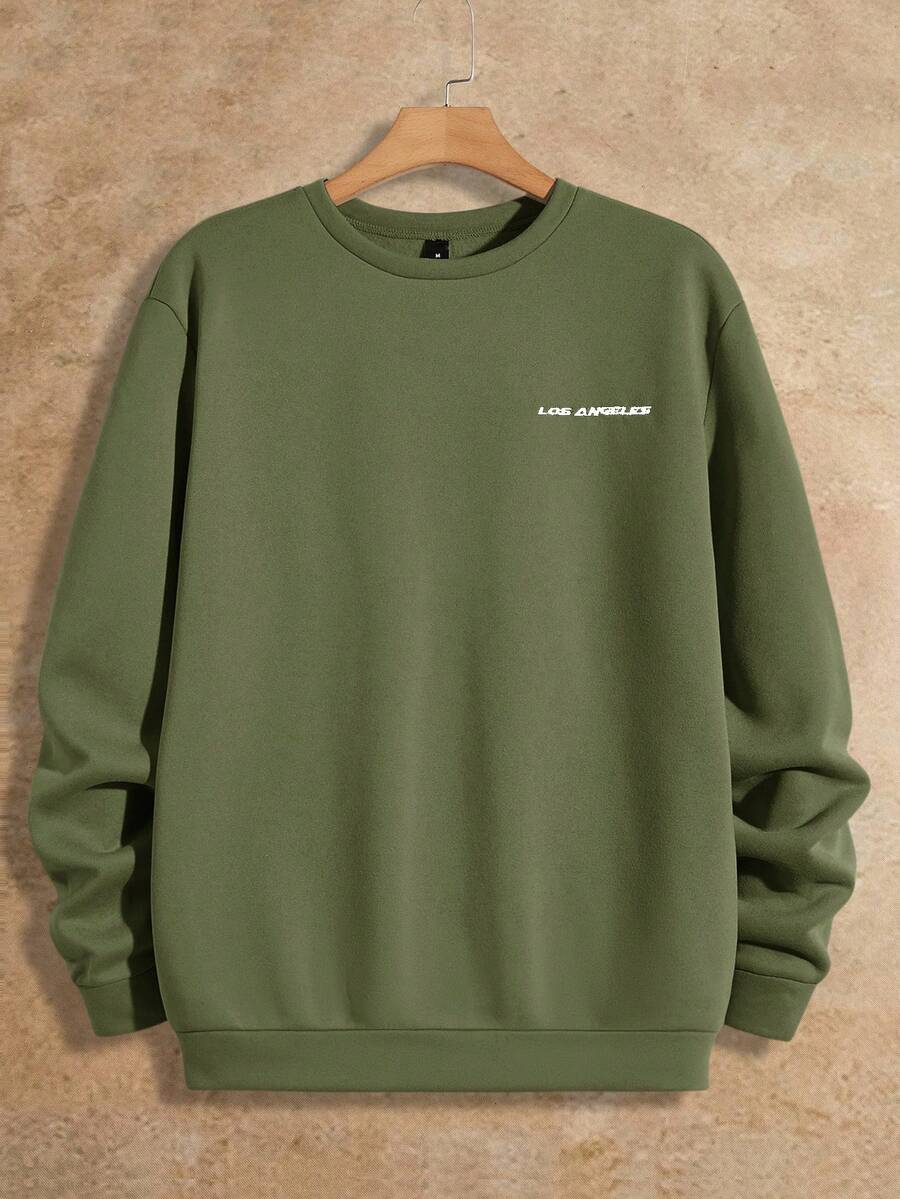 HIMLAND 宽松男士落肩字母印花圆领卫衣 男士运动衫 男士运动衫 男士运动衫 男士运动衫 男士运动衫 - 軍綠色 - 查看 1