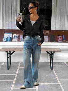 Muchica Women's Black Casual Everyday Zip-Up Hoodie, Autumn,Fall,Zip Up Hoodie Women,Zip Up Hoodie For Women - Black - View 6