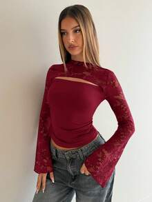 Aloruh Wine Red Lace Flare Sleeve Slim Fit Hollow Out Women T-Shirt - Red - View 7