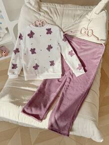 Dream Adore Girls Bear Print Flannel Cozy Long Sleeve & Long Pants Pajama Set - Purple - View 2