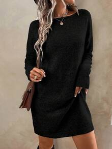 EMERY ROSE Women's Solid Color Boat Neck Long Sleeve Casual Vacation Knit Dress - Black - View 3