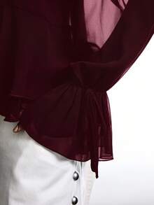 LYSMO Women's Solid Color Keyhole Neck Flare Sleeve Ruffle Trim Fashion Blouse - Burgundy - View 5