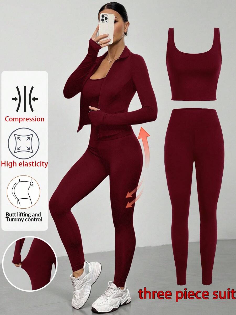 SHEIN Tall 3pcs Black Knit Women Sports Set, Tall Version With Extended Length, Suitable For Summer & Autumn - Burgundy - View 1