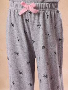SUMWON Girls Boxy Bow Print Set Short Sleeve Top Wide Leg Pants Comfortable Two Piece Coordinated Pajama Outfit Casual Sleepwear - Grey - View 4