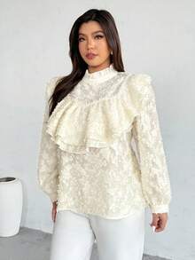 Firerie Plus Size Women Ruffle Collar Loose Fit Long Sleeve Shirt, Comfortable Casual Elegant Suitable For Dates, Gatherings, Afternoon Tea, All Seasons Romantic Valentine's Day Valentine Outfits For Women