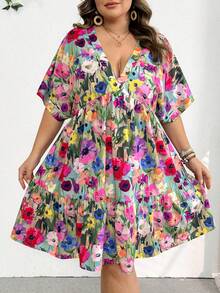 SHEIN CURVE+ Plus Size Women Striped V-Neck Batwing Short Sleeve Ruffle Hem Casual Dressfall Clothes For Women,Winter,CURVE PLUS - Multicolor - View 7