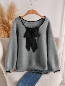 CosyJoli Plus-Size Women's Bow Woolen Pullover Top,Pink And Grey,Autumn,Cute,School,Back-To-School Warm Sweaters,Winter Clothing For Women,Loose Winter Clothes - Grey - View 3