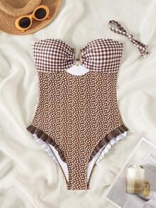 Swim Mod Sexy One-Piece Swimsuit With Flounce Bandeau Neck, Popular Style For Spring/Summer