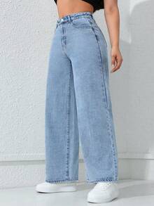 SHEIN ICON Quần jean denim dáng rộng không co giãn, thường ngày cho nữ cỡ lớn - Rửa nhẹ - Xem 4