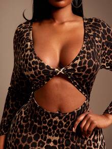 Radiana Plus Size Leopard Print Bodycon Dress With Deep V Neck Cutout And Long Sleeves In Knitted Fabric - Multicolor - View 6