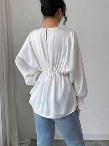 Modelyn Women's French Round Neck Batwing Satin Sleeve Blouse, Spring/Summer/Autumn - White - View 3