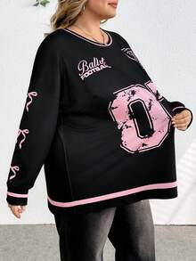 SHEIN CURVE+ 休闲街头美式复古新款圆领露肩字母英文Logo印花长袖超宽松T恤裙杏色下摆绿色花朵女式T恤-A - 黑色 - 查看 5