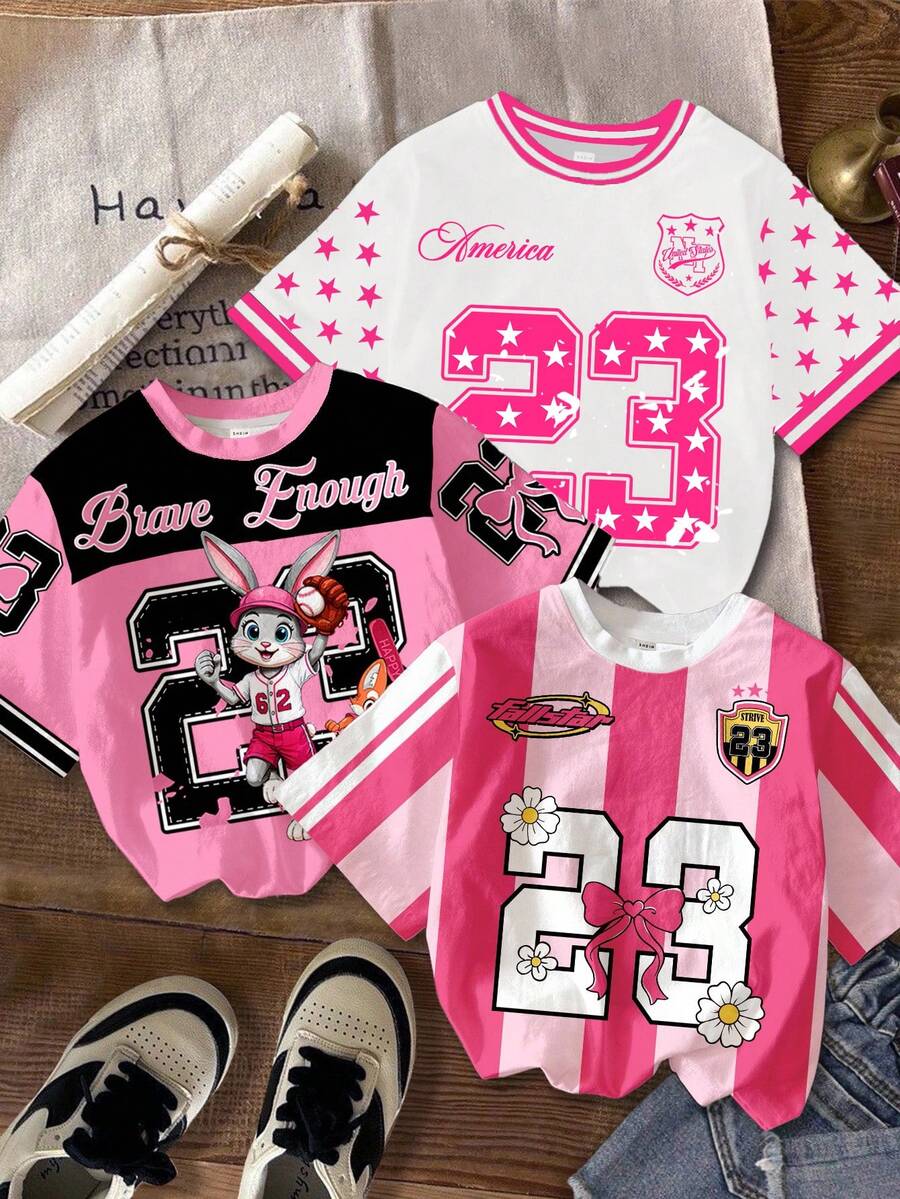 3pcs/Set Tween Girls' Casual Graphic Tee, Retro Street Style, Rabbit, Floral, Number 23, Striped Pattern, Short Sleeve Round Neck T-Shirts, Pink & White Color Block, Suitable For Summer - Multicolor - View 1